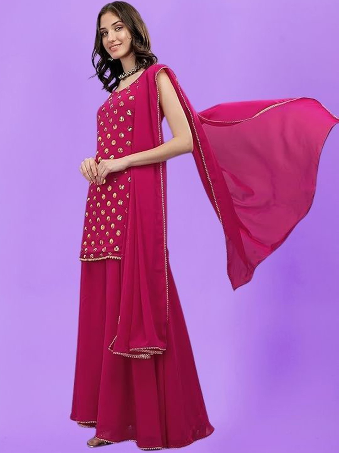 

PARROT CREATION Women Embroidered Regular Sequinned Kurta with Sharara & With Dupatta, Pink