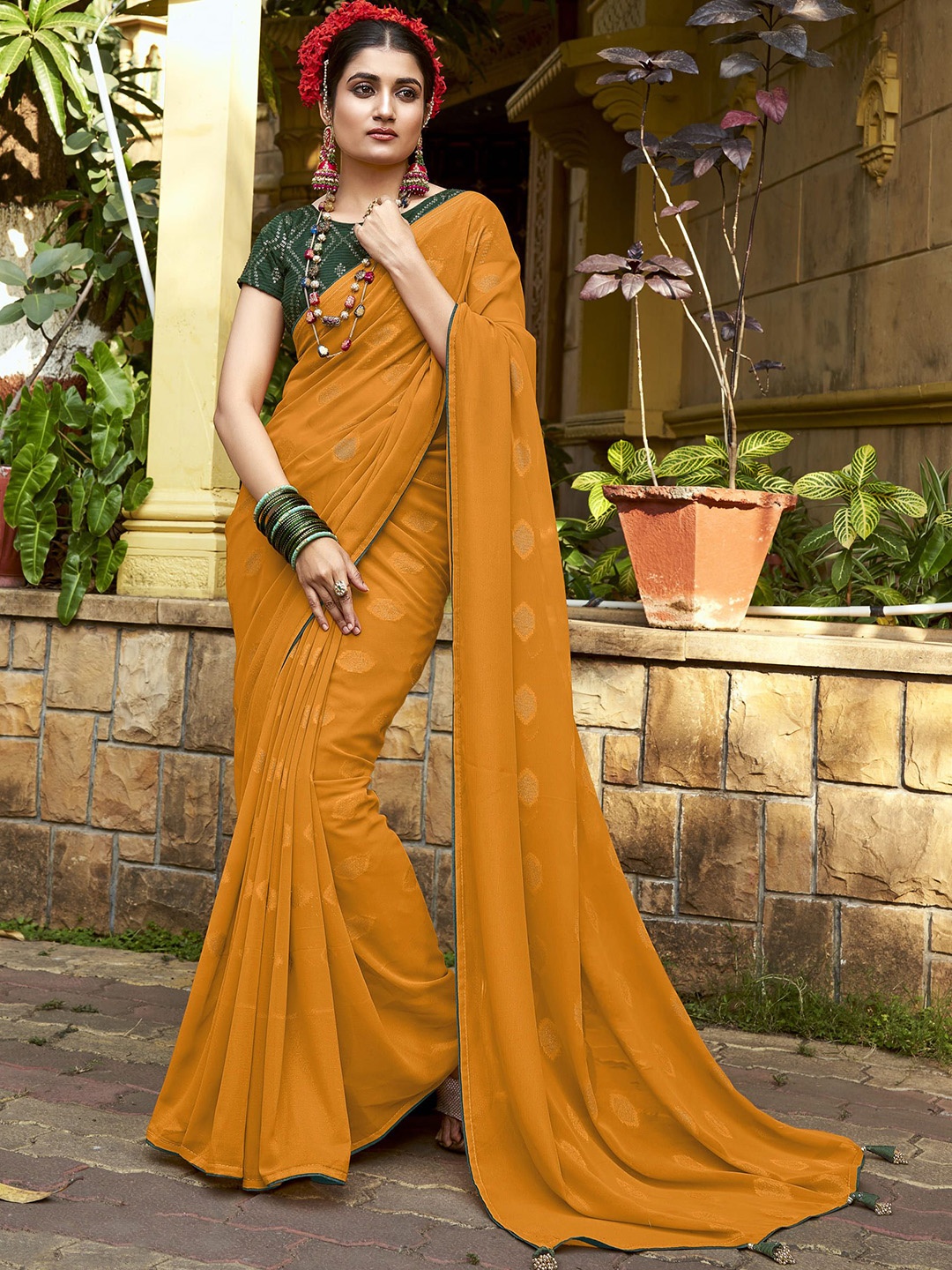 

NIRMAL CREATION Woven Design Pure Georgette Saree, Yellow