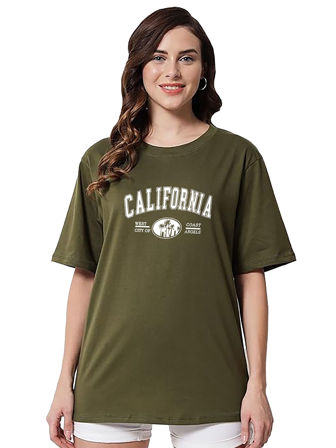 

My Swag Women Typography Printed Round Neck Cotton Oversized T-shirt, Olive