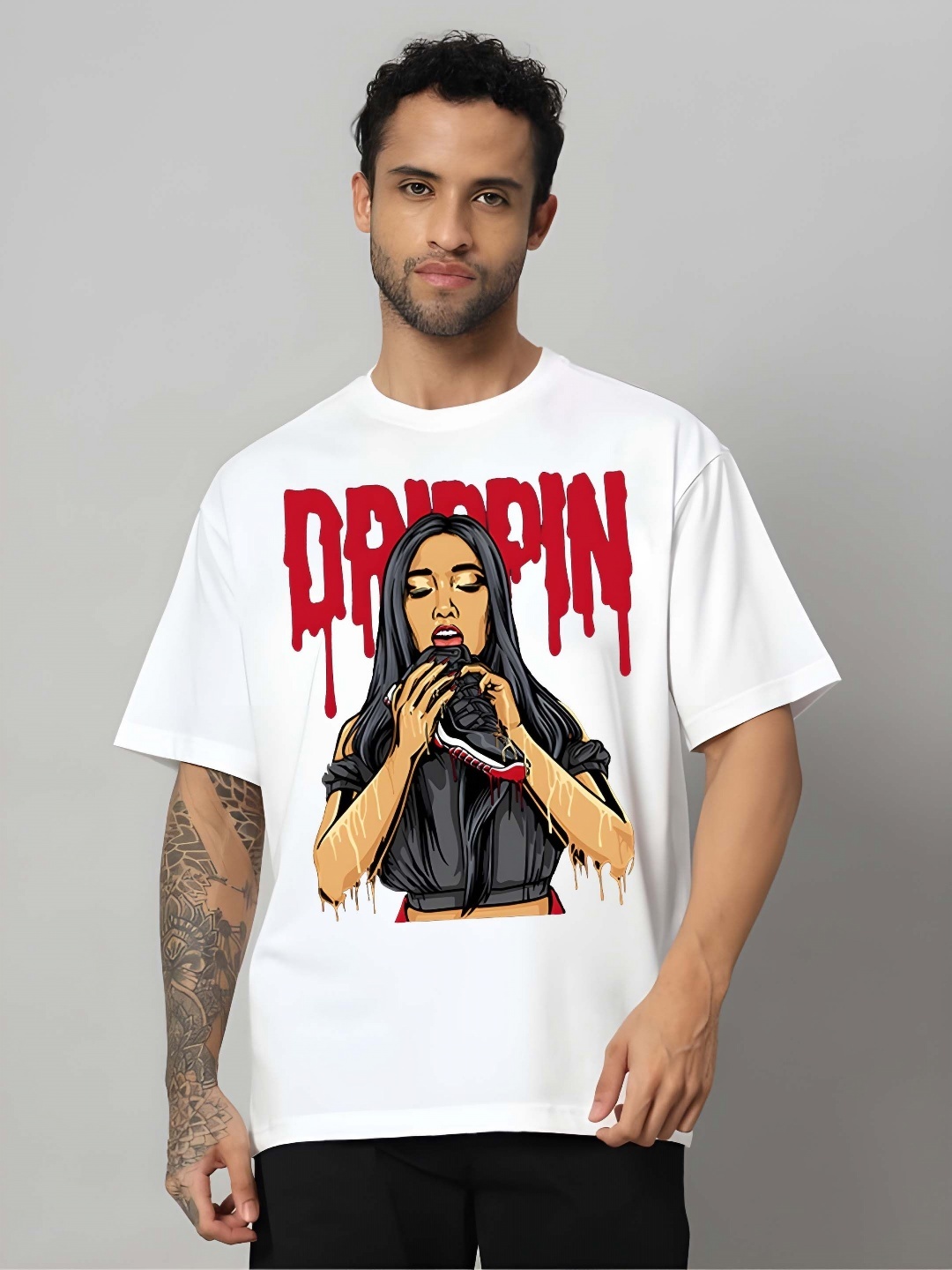 

SZN Men Graphic Printed Round Neck Cotton Oversized T-shirt, White