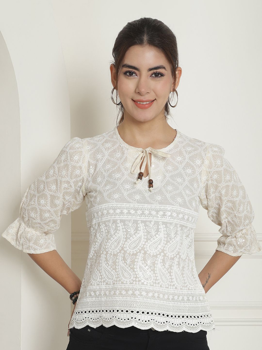 

JAINISH Floral Embroidered Puff Sleeve Cotton Top, Cream