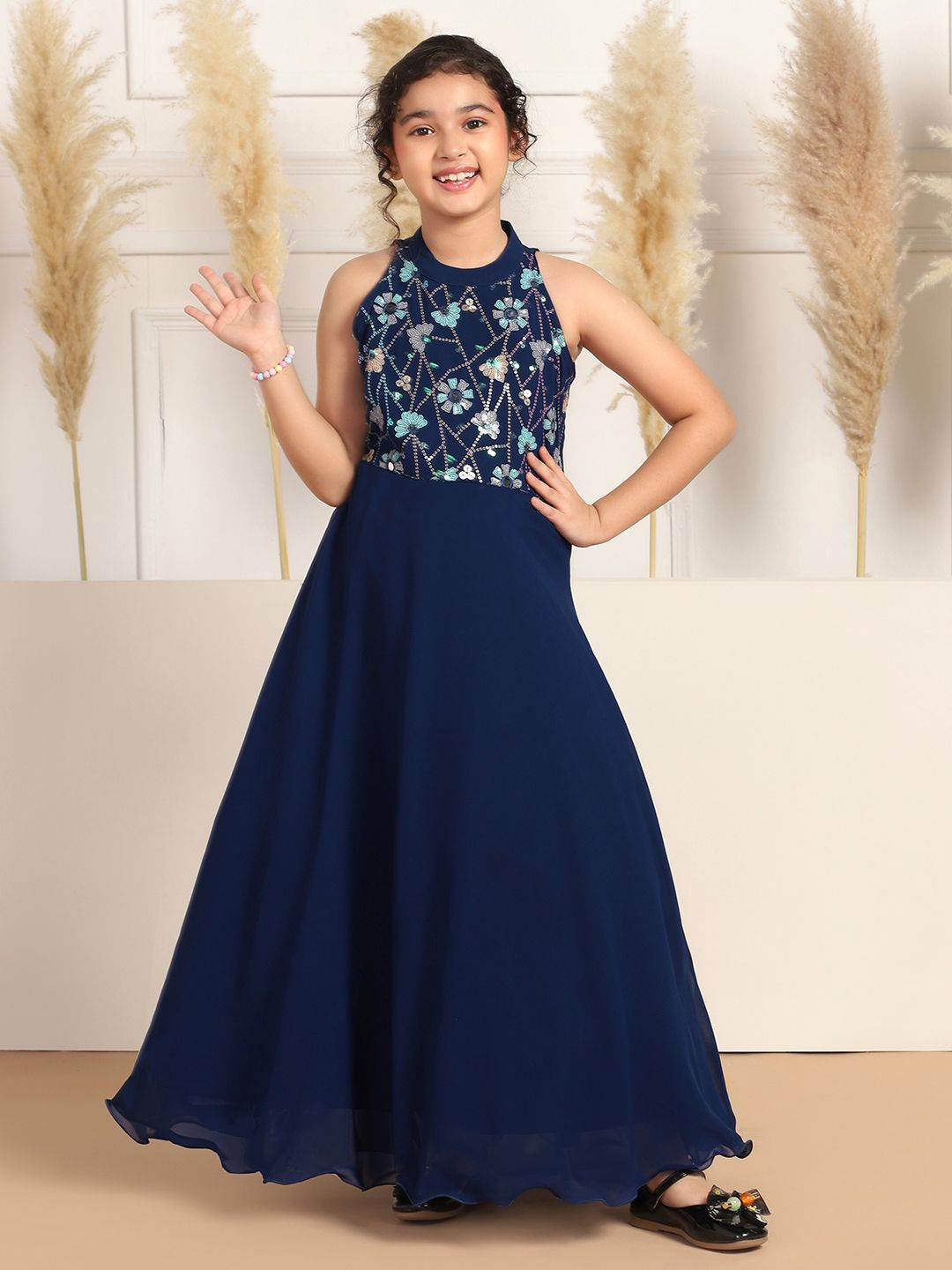 

Sangria Girls Embroidered Georgette Maxi Dress, Navy blue