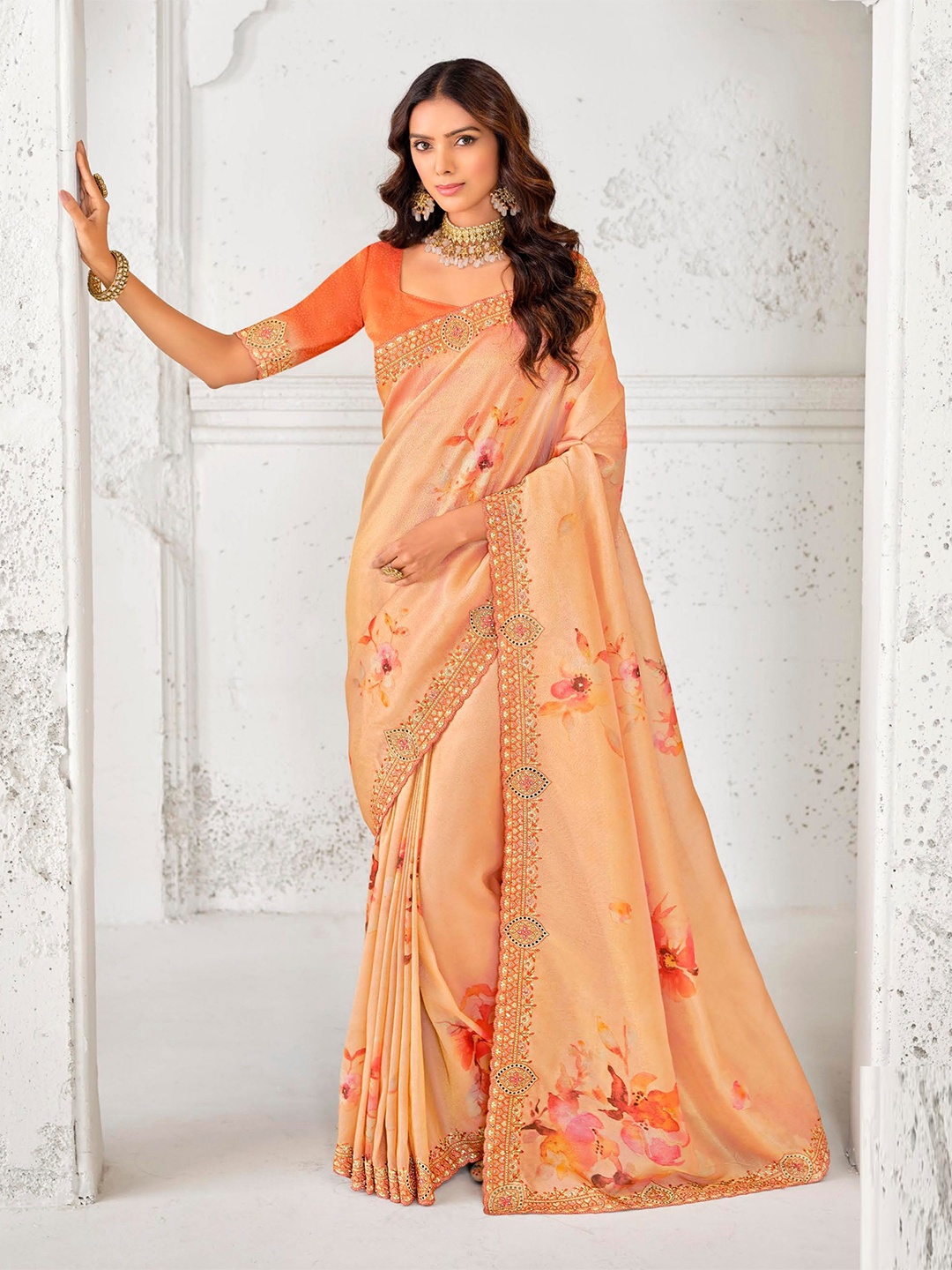 

MAHALASA Floral Printed Embroidered Saree, Orange