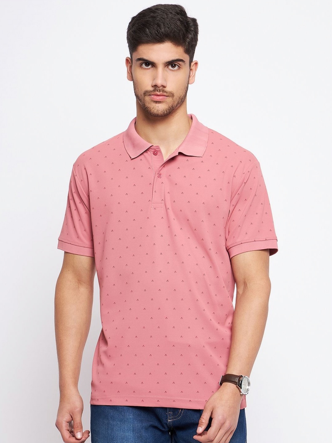

NYKER Men Geometric Printed Polo Collar Cotton T-shirt, Peach