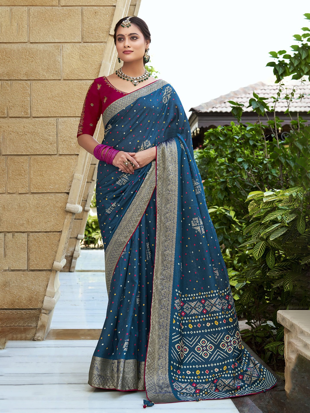 

A.V.M. SILK MILLS Bandhani Zari Pure Georgette Saree, Teal