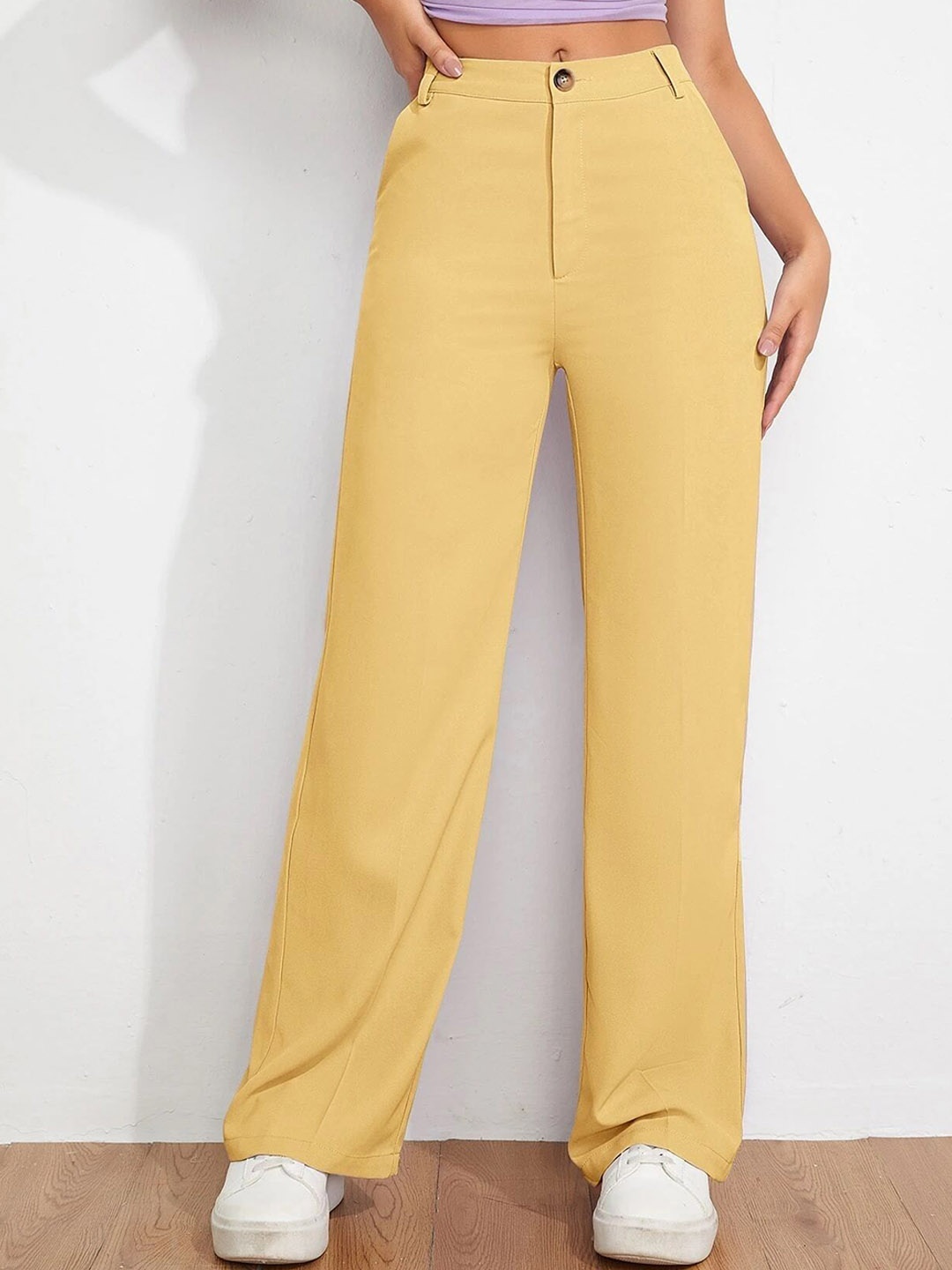

FNOCKS Women Relaxed Straight Leg High-Rise Trousers, Yellow