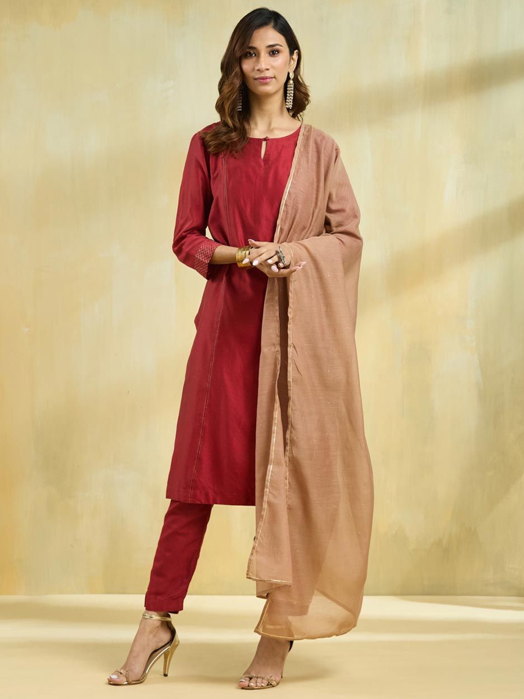 

Fabindia Embroidered Cotton Silk Dupatta With Sequinned, Brown