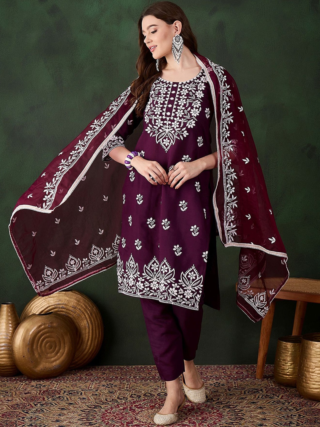 

HERE&NOW Purple Floral Embroidered Straight Kurta With Trousers & Dupatta