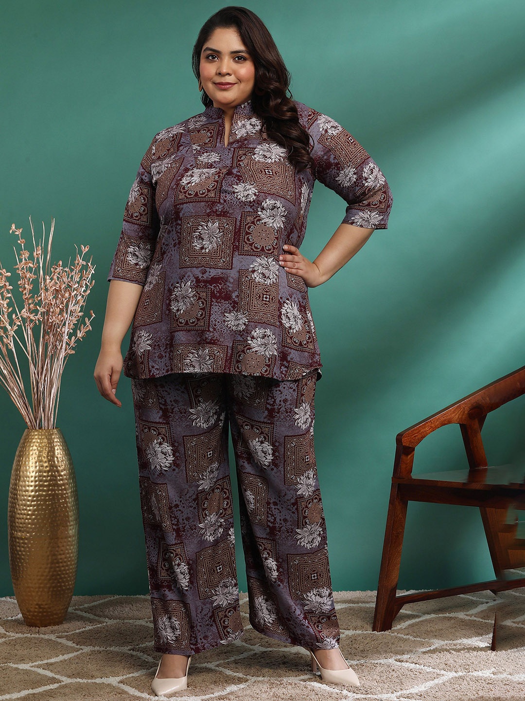 

KALINI Printed Pure Cotton Plus Size Mandarin Collar Top And Trouser, Maroon