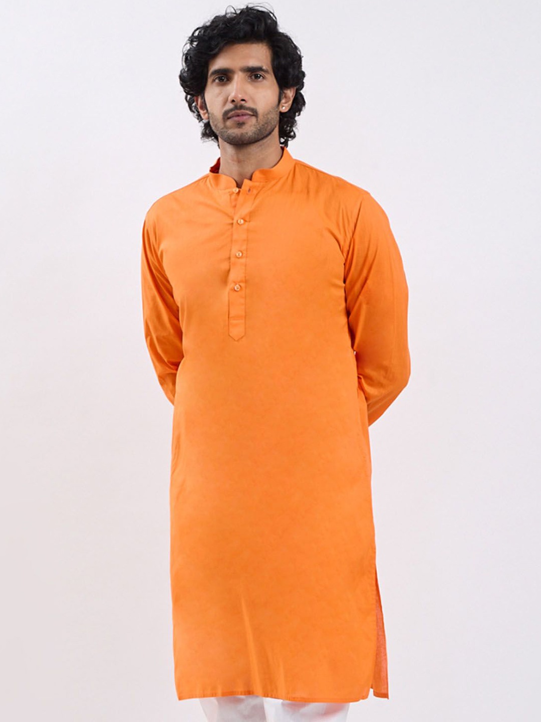 

VASTRAMAY Mandarin Collar Cotton Straight Kurta, Orange