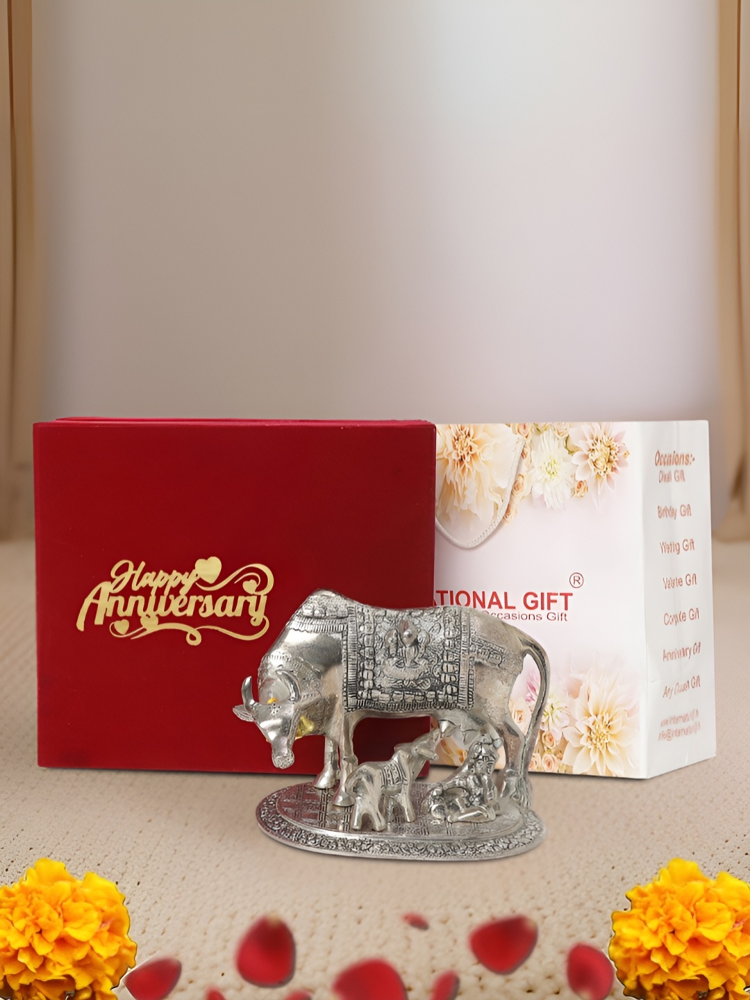 

INTERNATIONAL GIFT Silver-Toned Kamdhenu Cow Religious Idol Showpiece