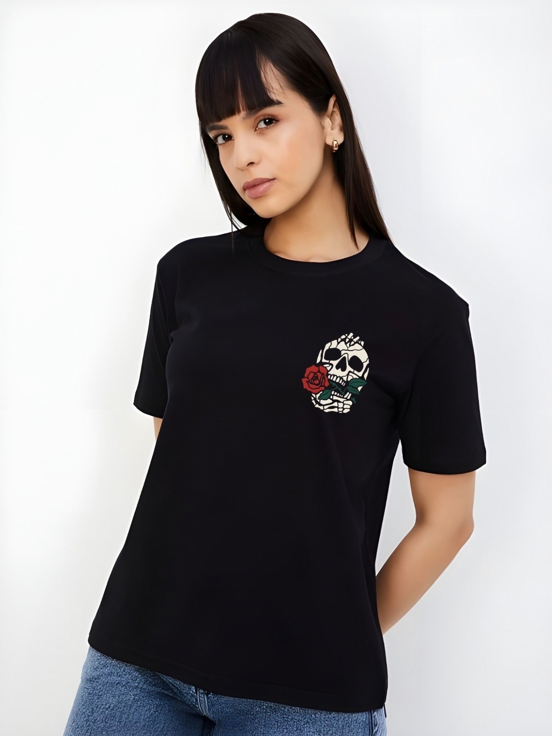

DressBerry Women Graphic Printed Round Neck Cotton Boxy T-shirt, Black