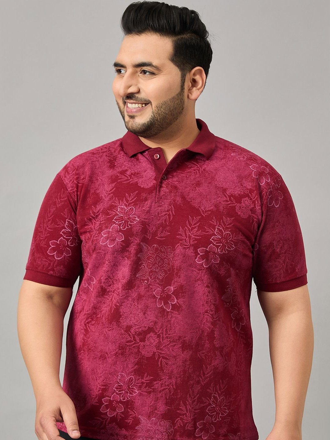 

NYKER Men Plus Size Floral Printed Polo Collar Cotton T-shirt, Maroon