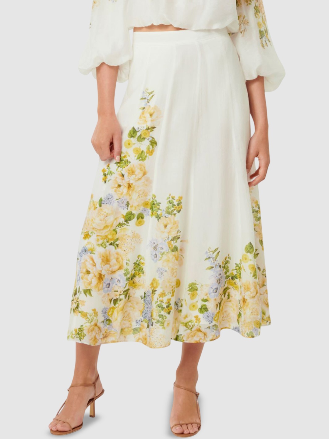 

Forever New Women Floral Printed A-line Midi Skirt, White