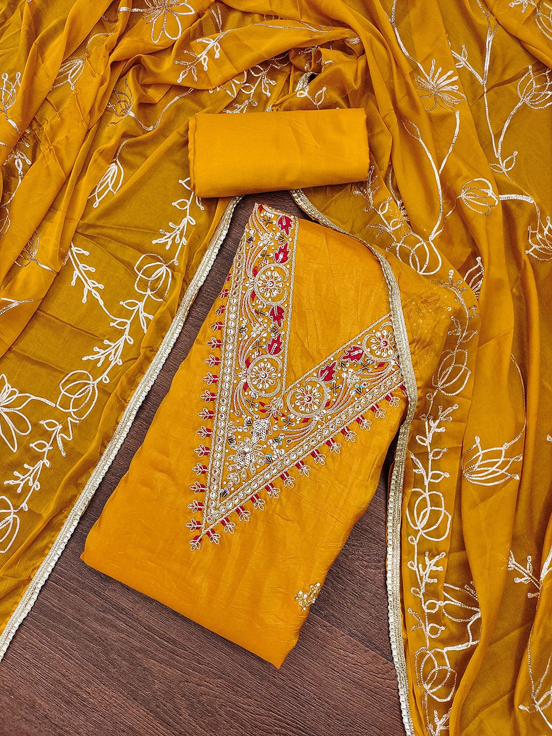 

HERE&NOW Floral Embroidered Tussar Silk Unstitched Dress Material, Yellow