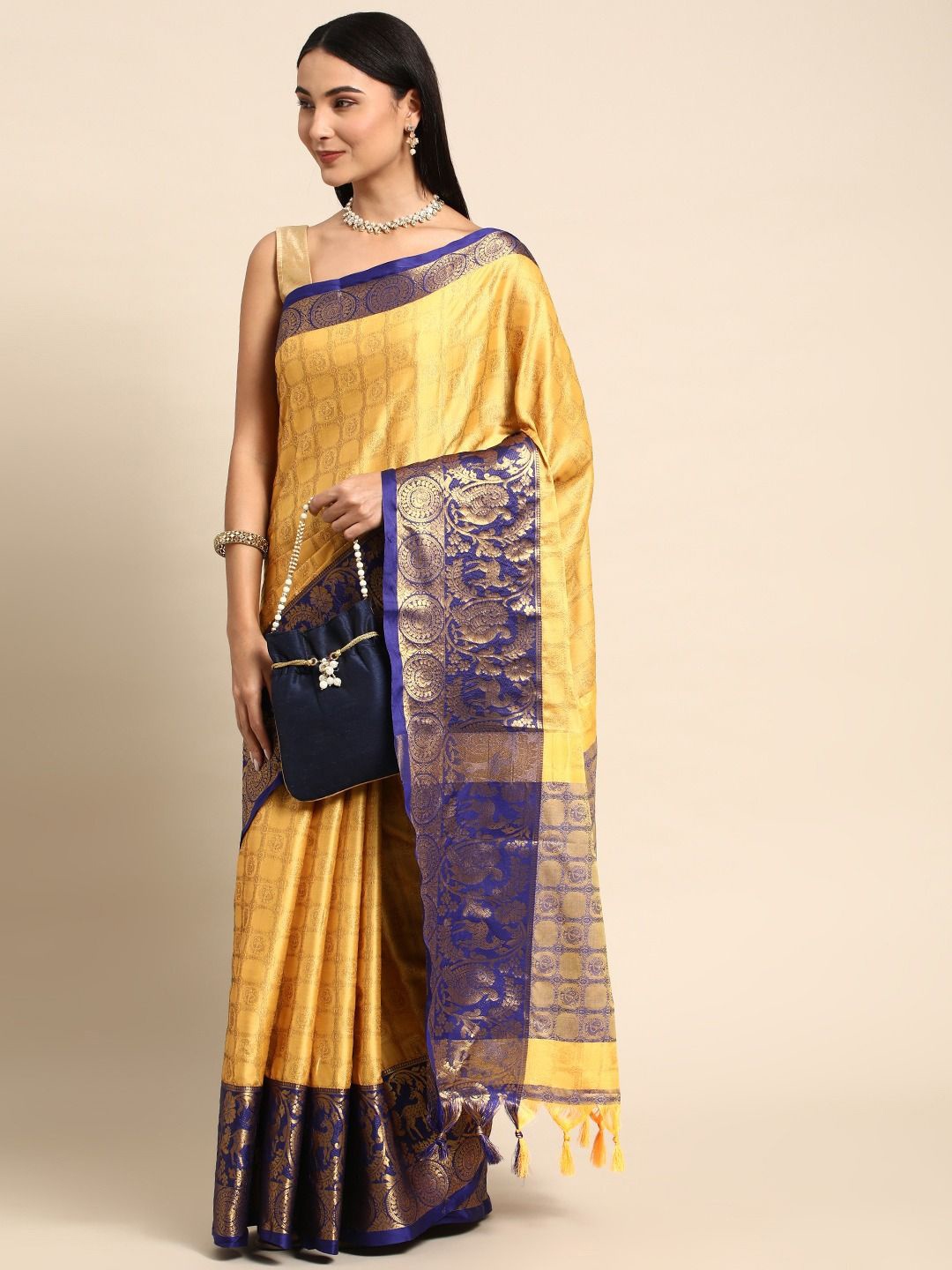 

DIVASTRI Woven Design Zari Silk Cotton Banarasi Saree, Yellow
