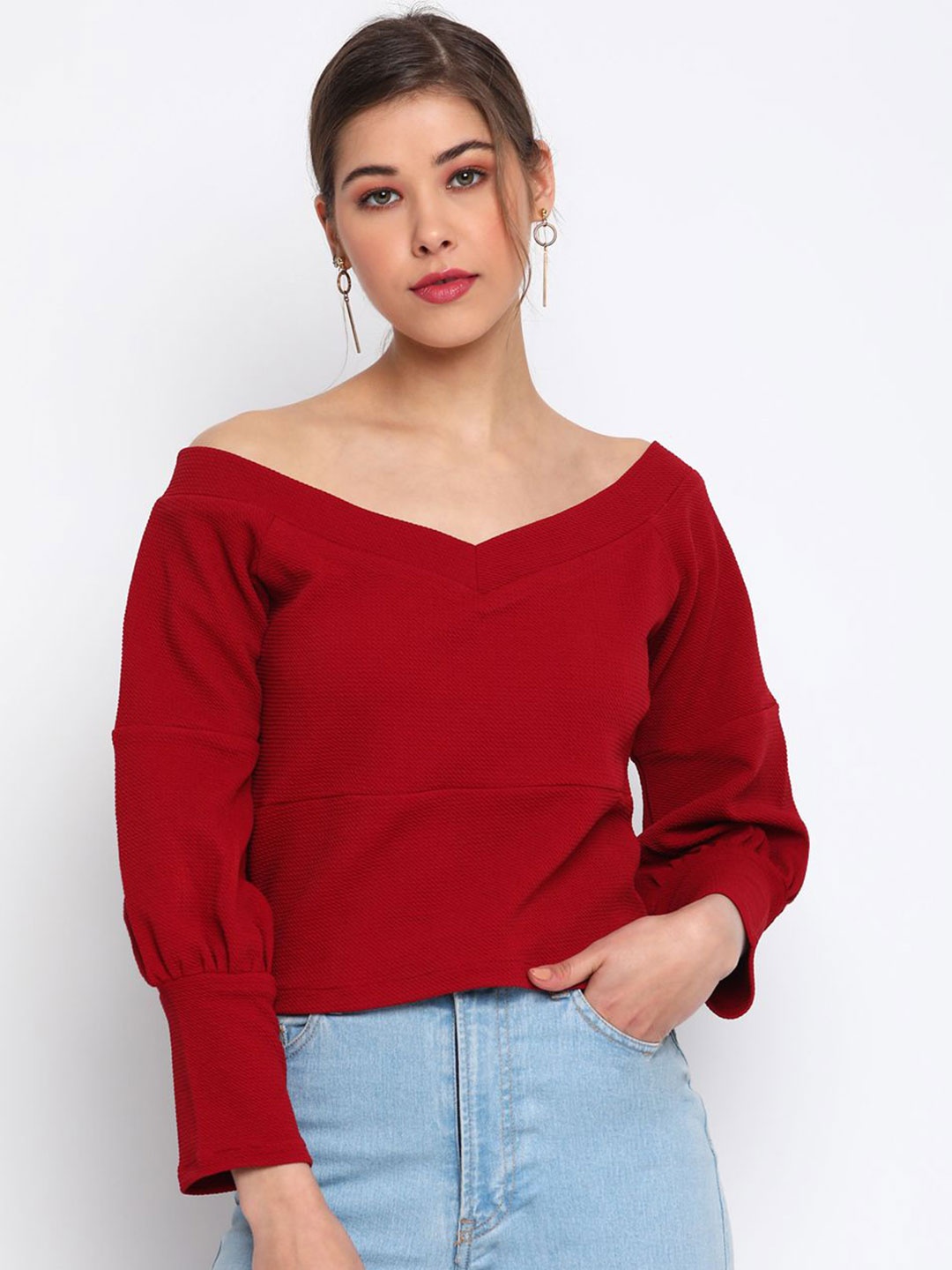 

DressBerry Women Solid V-Neck Top, Red