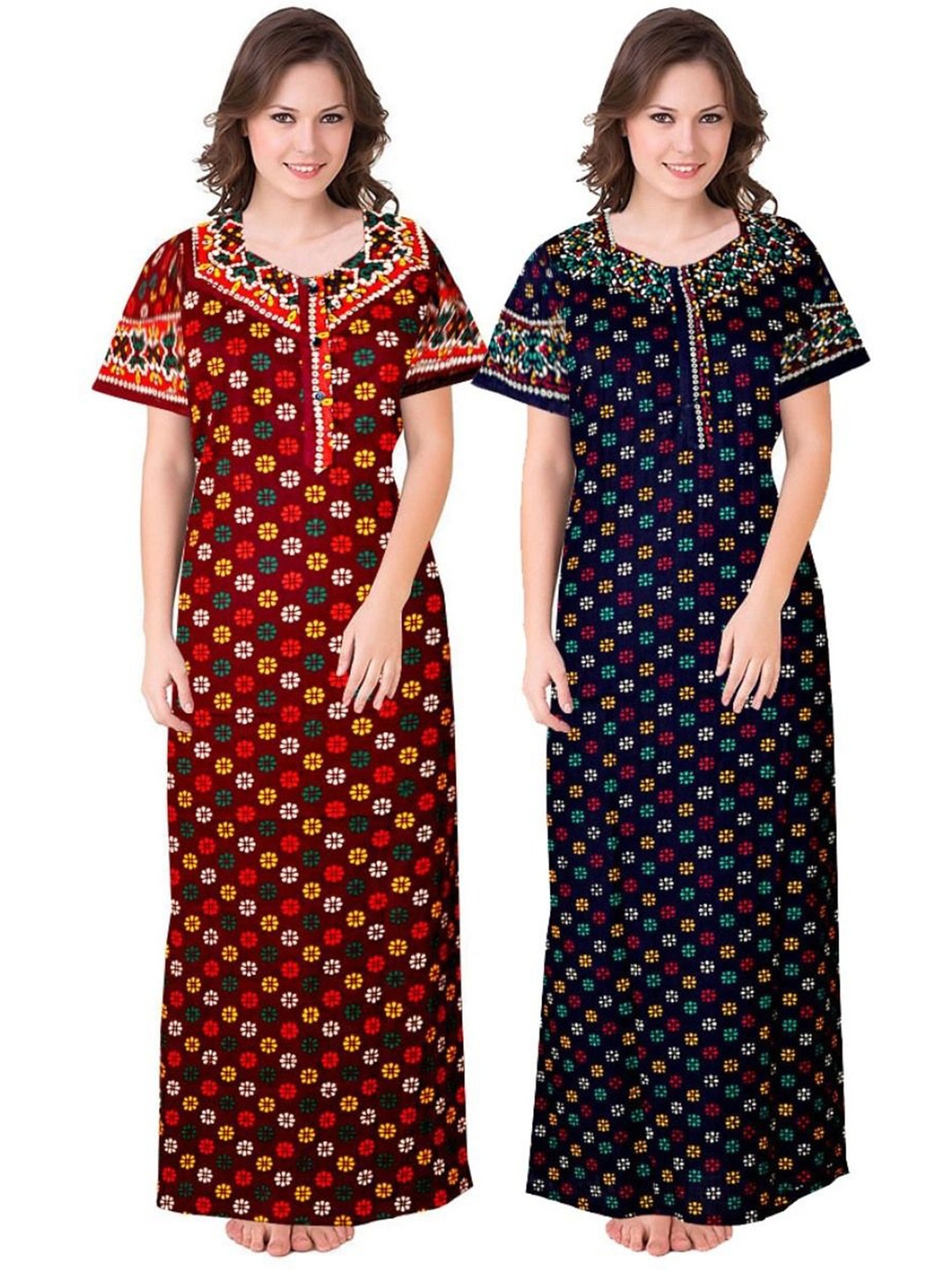 

PR PINK ROYAL Women Pack Of 2 Pure Cotton Printed Maxi Nightdress, Blue