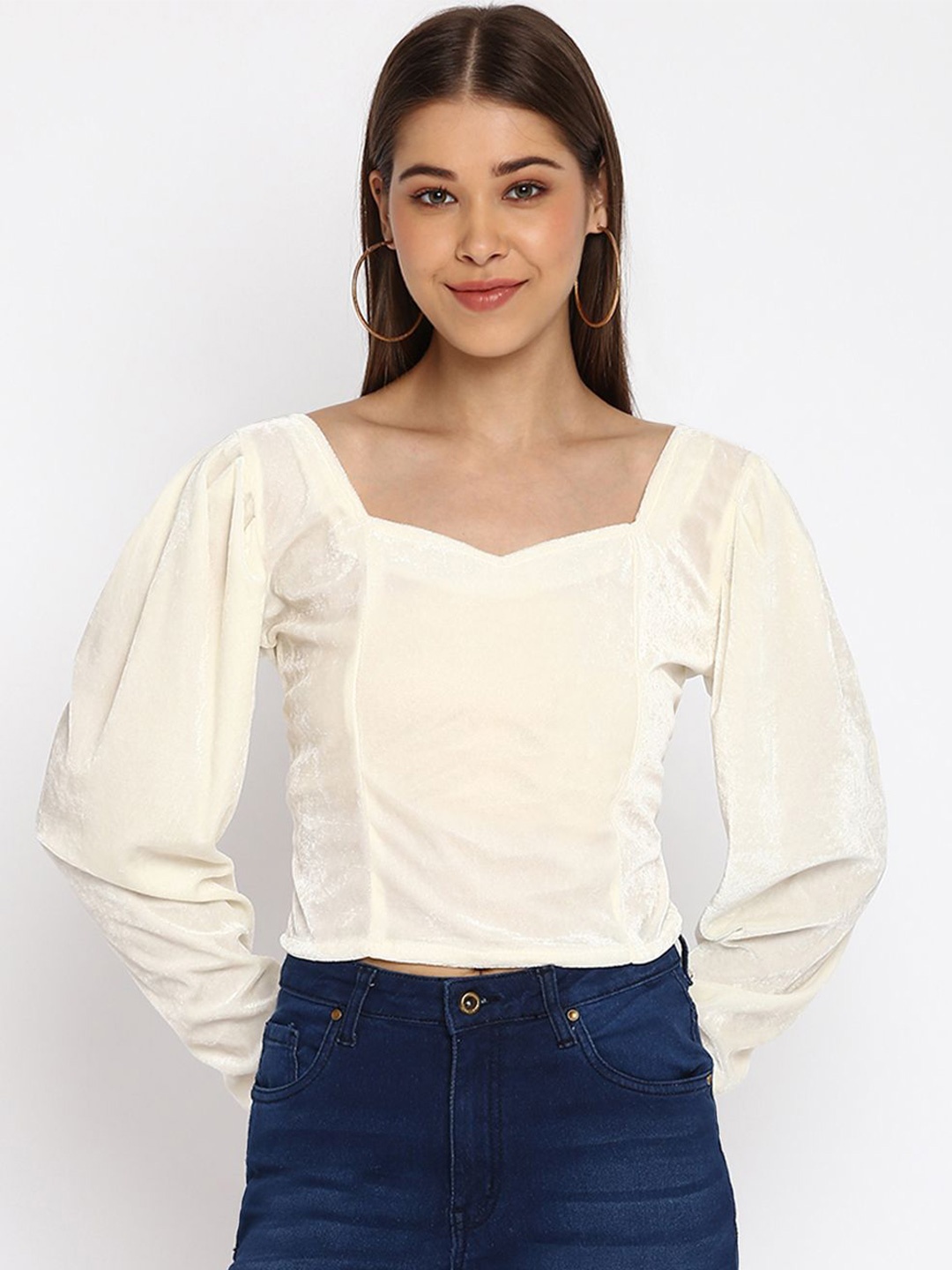 

DressBerry Sweetheart Neck Puff Sleeve Velvet Top, White