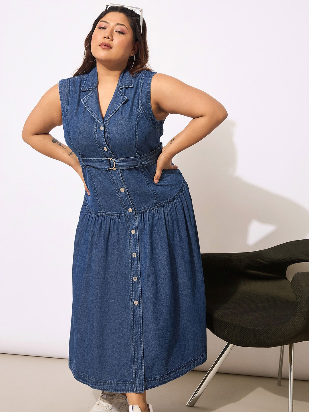 

SASSAFRAS Curve Shirt Midi Dress, Navy blue