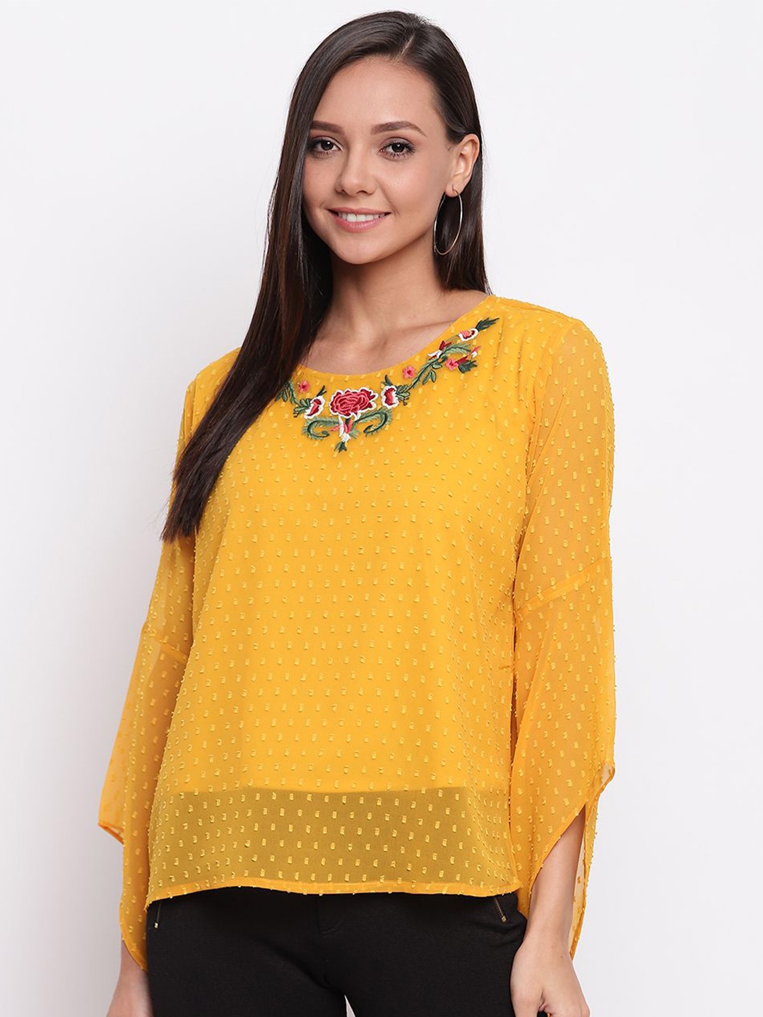 

DressBerry Women Textured Round Neck Top, Yellow