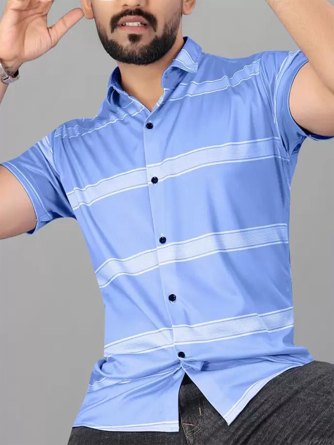 

FABRIPPLE Men Classic Fit Spread Collar Horizontal Striped Casual Shirt, Blue
