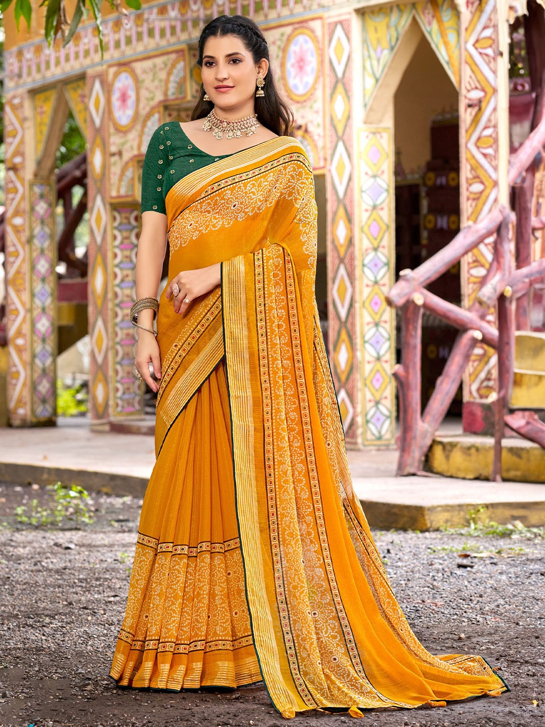 

A.V.M. SILK MILLS Pure Georgette Bandhani Saree, Yellow