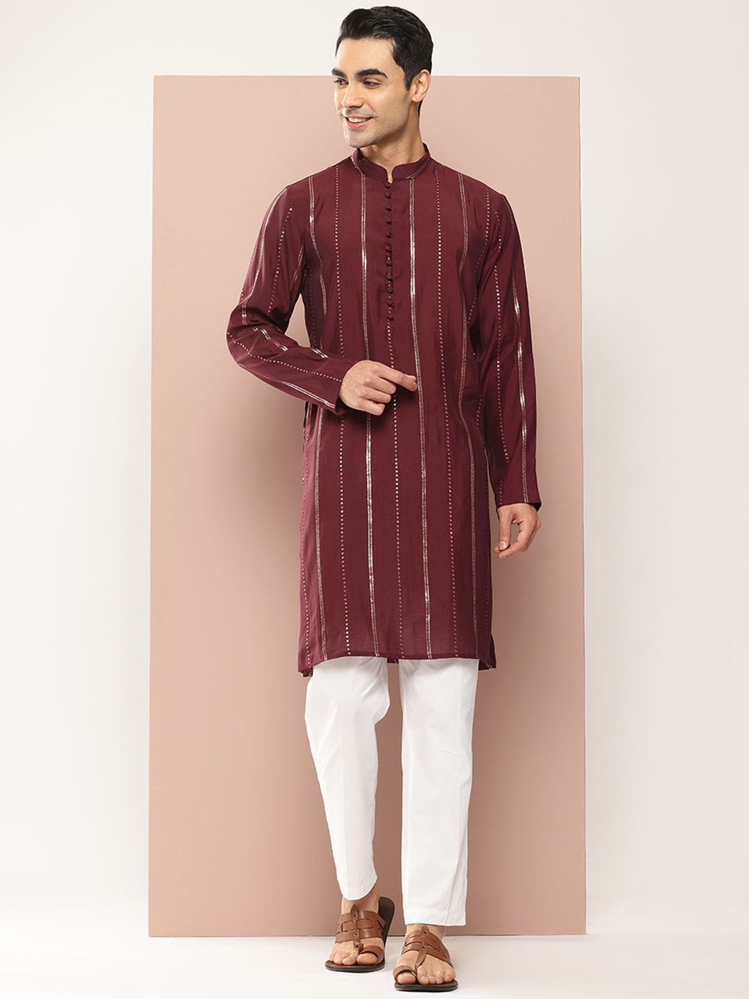 

See Designs Striped Embroidered Sequinned Mandarin Collar Chanderi Silk Straight Kurta, Burgundy