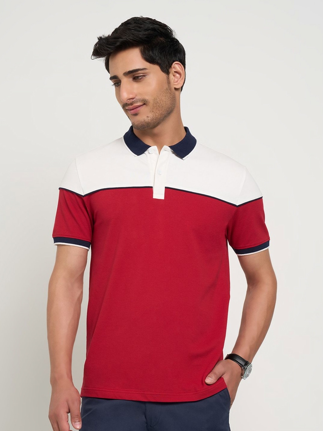 

Peregrine by Pantaloons Men Colourblocked Polo Collar Cotton Slim Fit T-shirt, Red