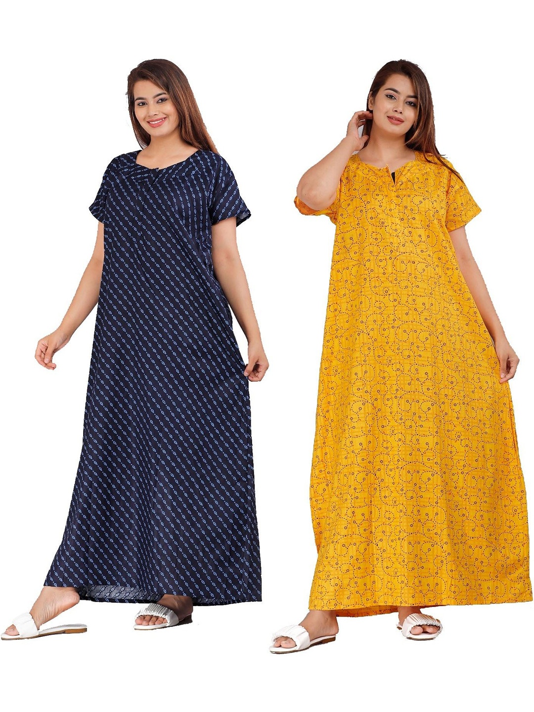 

PR PINK ROYAL Women Pack Of 2 Printed Pure Cotton Maxi Nightdress, Blue