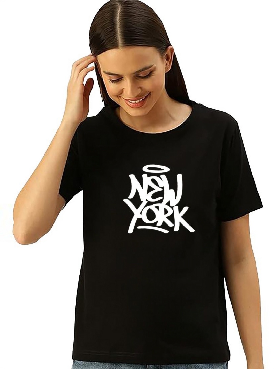 

My Swag Women Typography Printed Round Neck Cotton Oversized T-shirt, Black