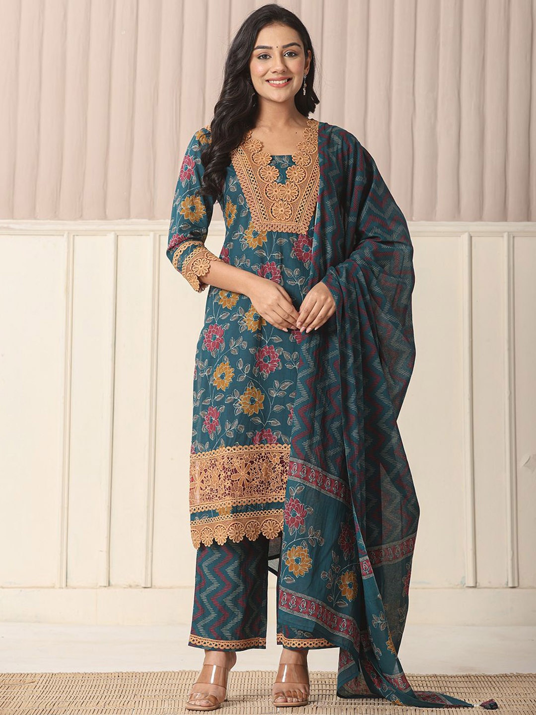

Yufta Floral Printed Notch Neck Pure Cotton Straight Kurta With Trouser & Dupatta, Teal