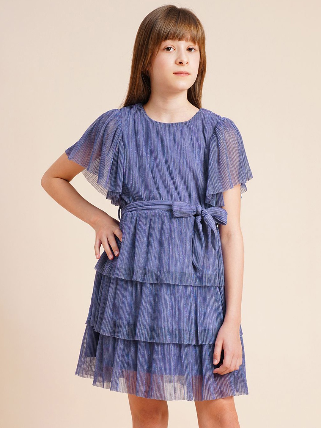 

Vero Moda Girls Self Design Flared Sleeve Fit & Flare Dress, Purple