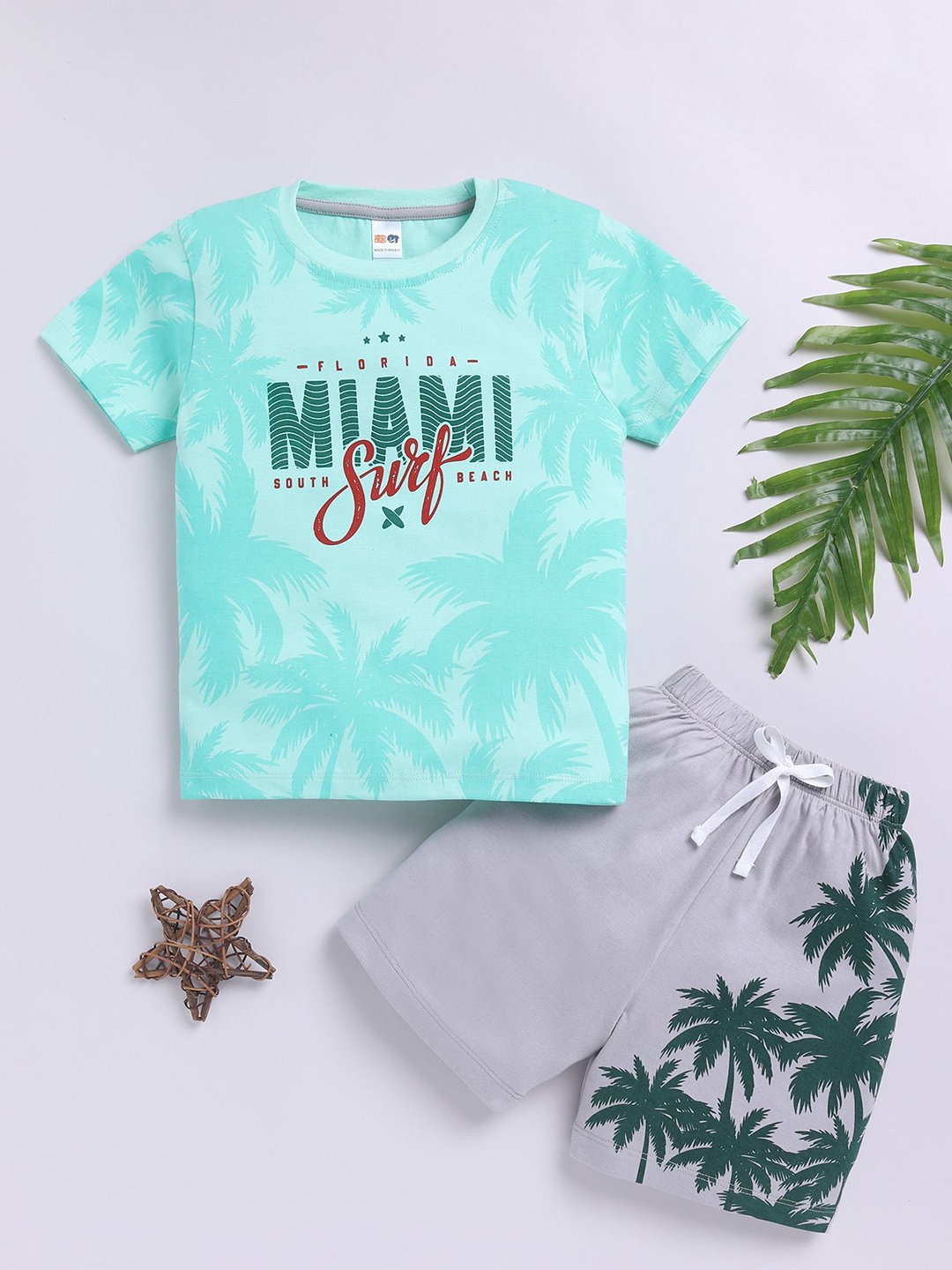 

LITTLE NINJA Boys Printed Round Neck Pure Cotton T-Shirt With Shorts, Green