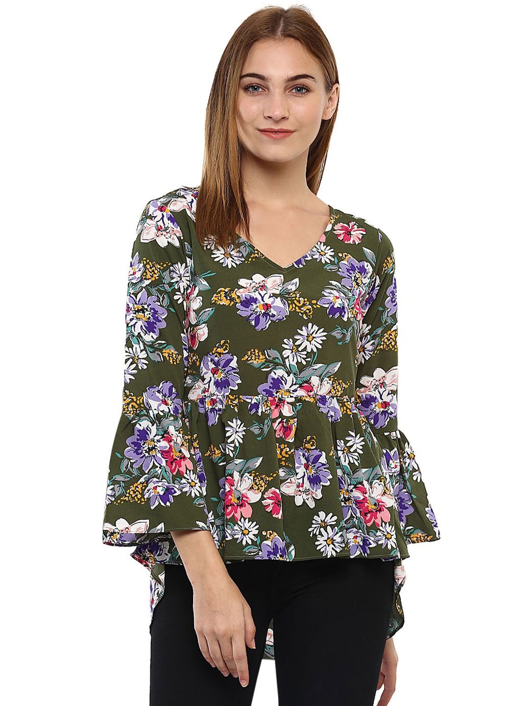 

DressBerry Women Floral Printed V-Neck Top, Olive