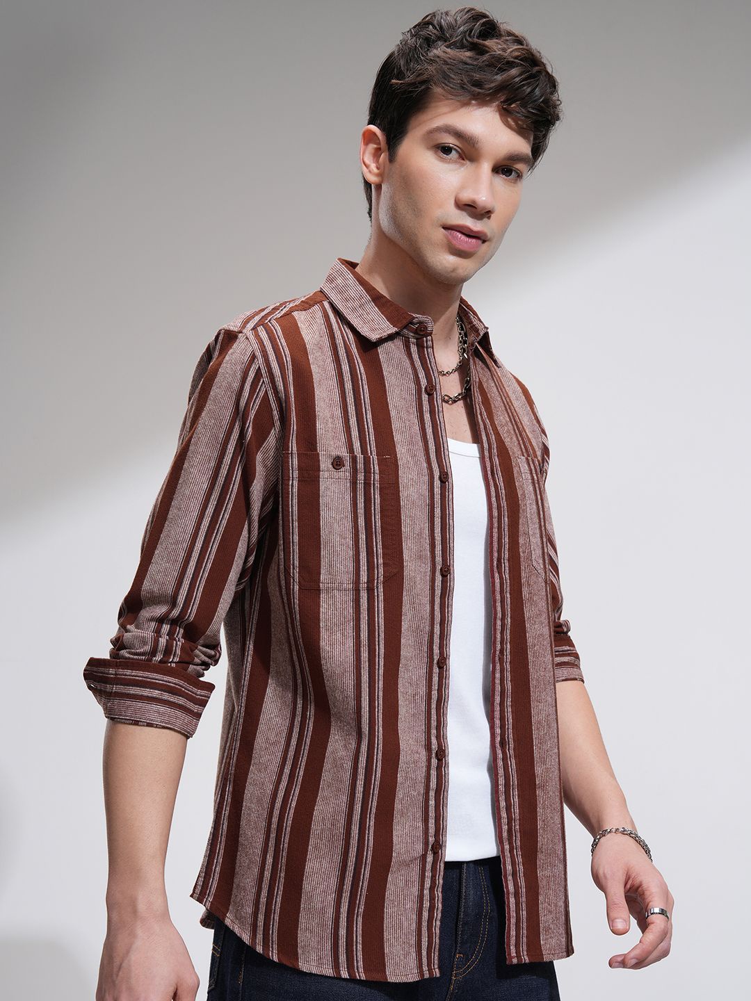 

HIGHLANDER Men Flannel Textured Striped Casual Shirt, Brown