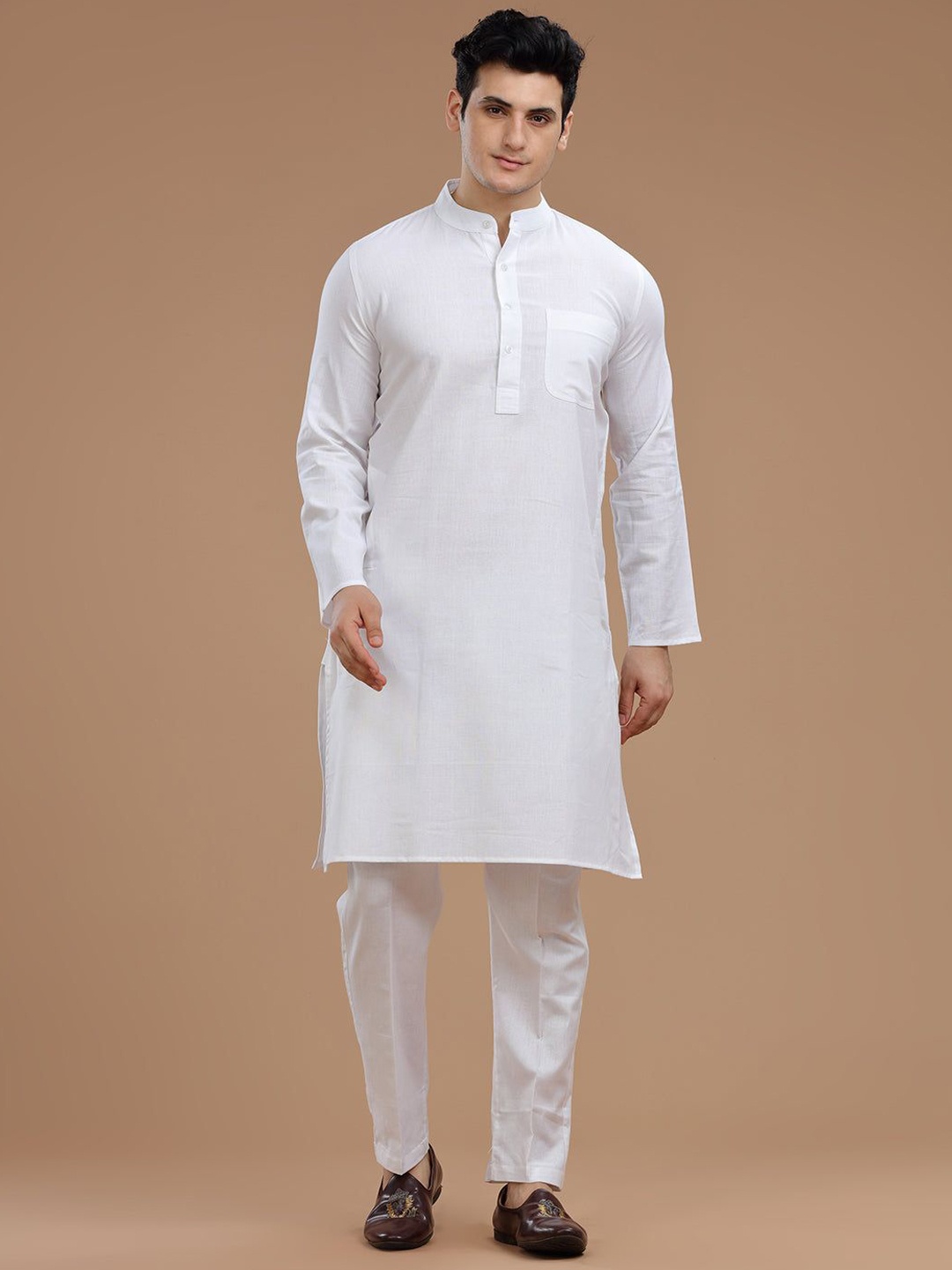 

VIDYARTHI Band Collar Long Sleeves Pure Cotton Khadi Straight Kurta, White