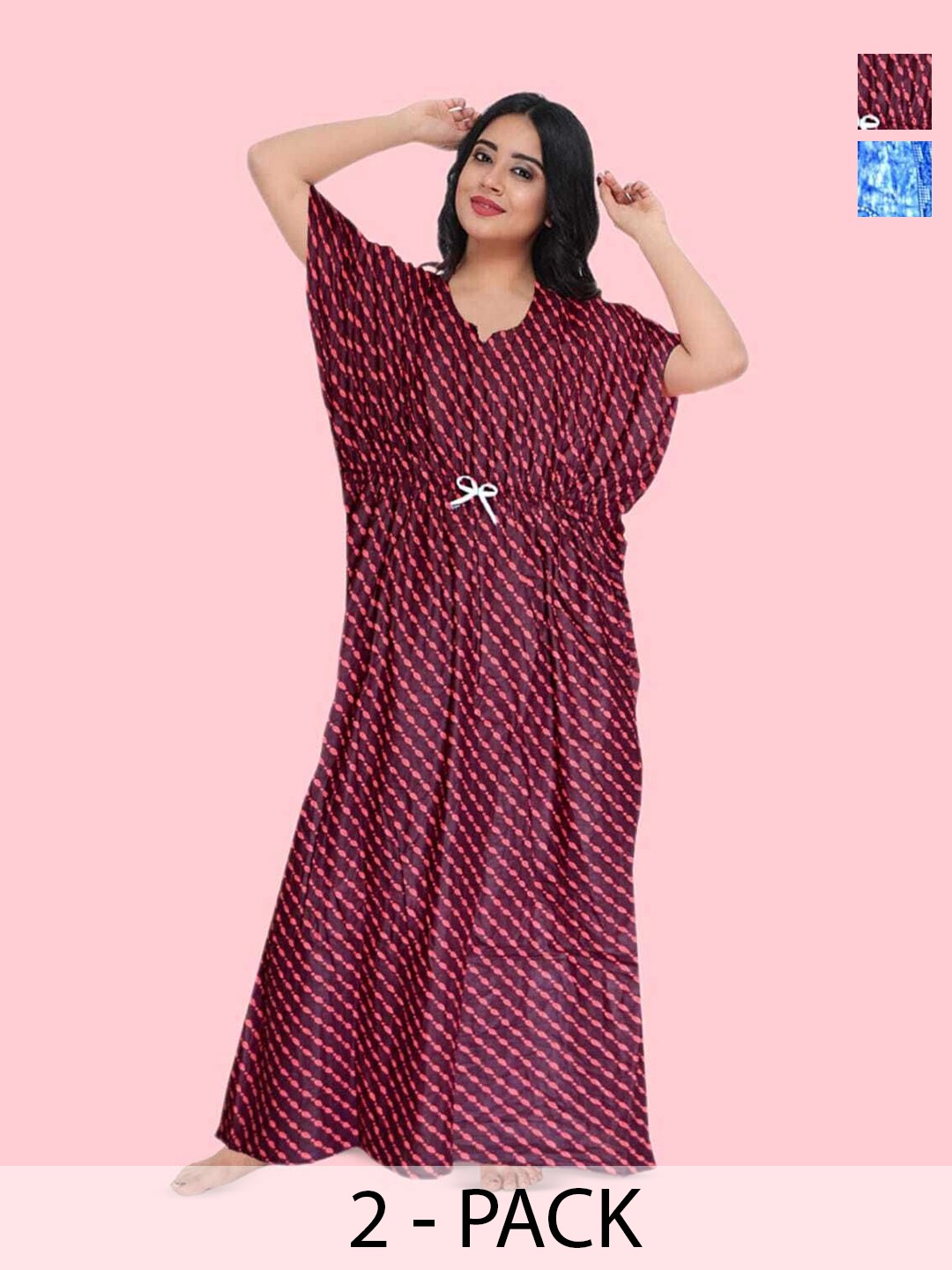 

PR PINK ROYAL Women Pack Of 2 Printed Pure Cotton Maxi Kaftan Nightdress, Red