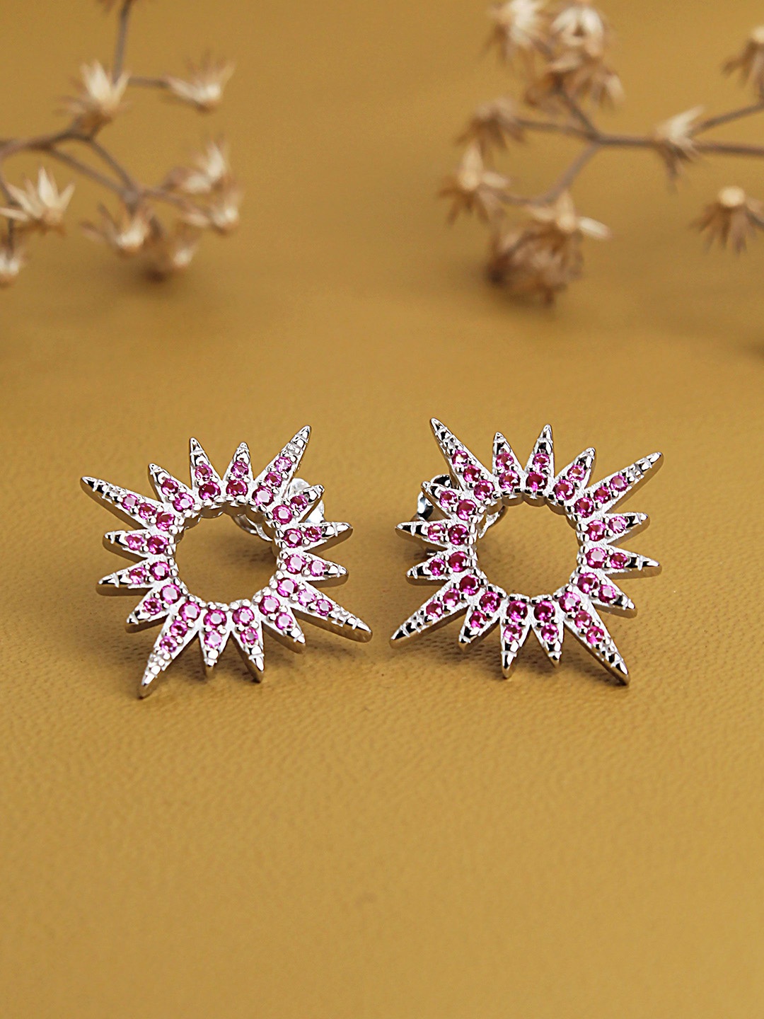

DEVASHREE 925 Sterling Silver Rhodium-Plated Cubic Zirconia Studded Floral Shaped Studs, Pink