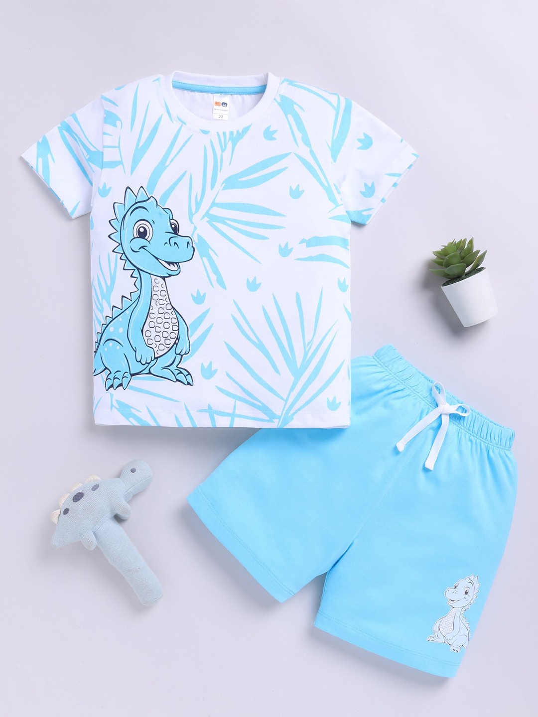 

LITTLE NINJA Boys Printed Round Neck Pure Cotton T-shirt With Shorts, White