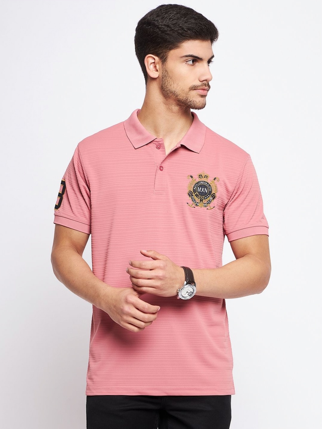 

NYKER Men Striped Polo Collar Cotton T-shirt, Peach