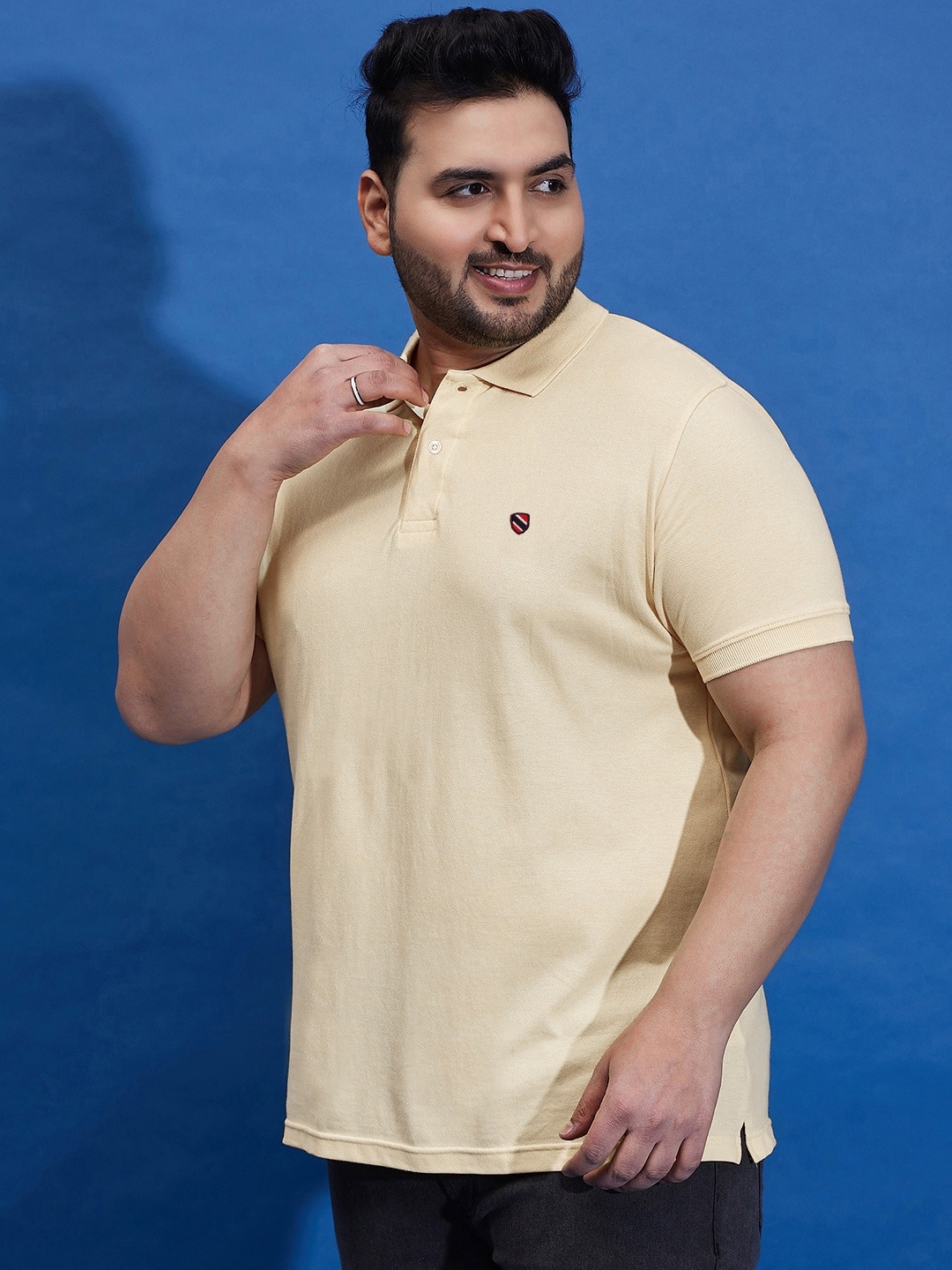

MERRIMENT Men Plus Size Solid Polo Collar Cotton T-shirt, Beige