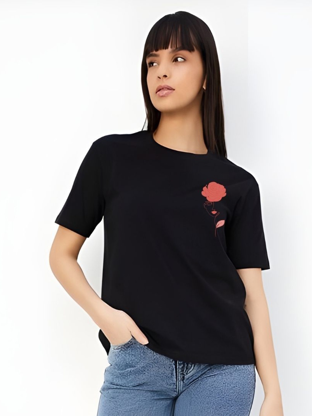 

DressBerry Women Floral Printed Round Neck Cotton Boxy T-shirt, Black
