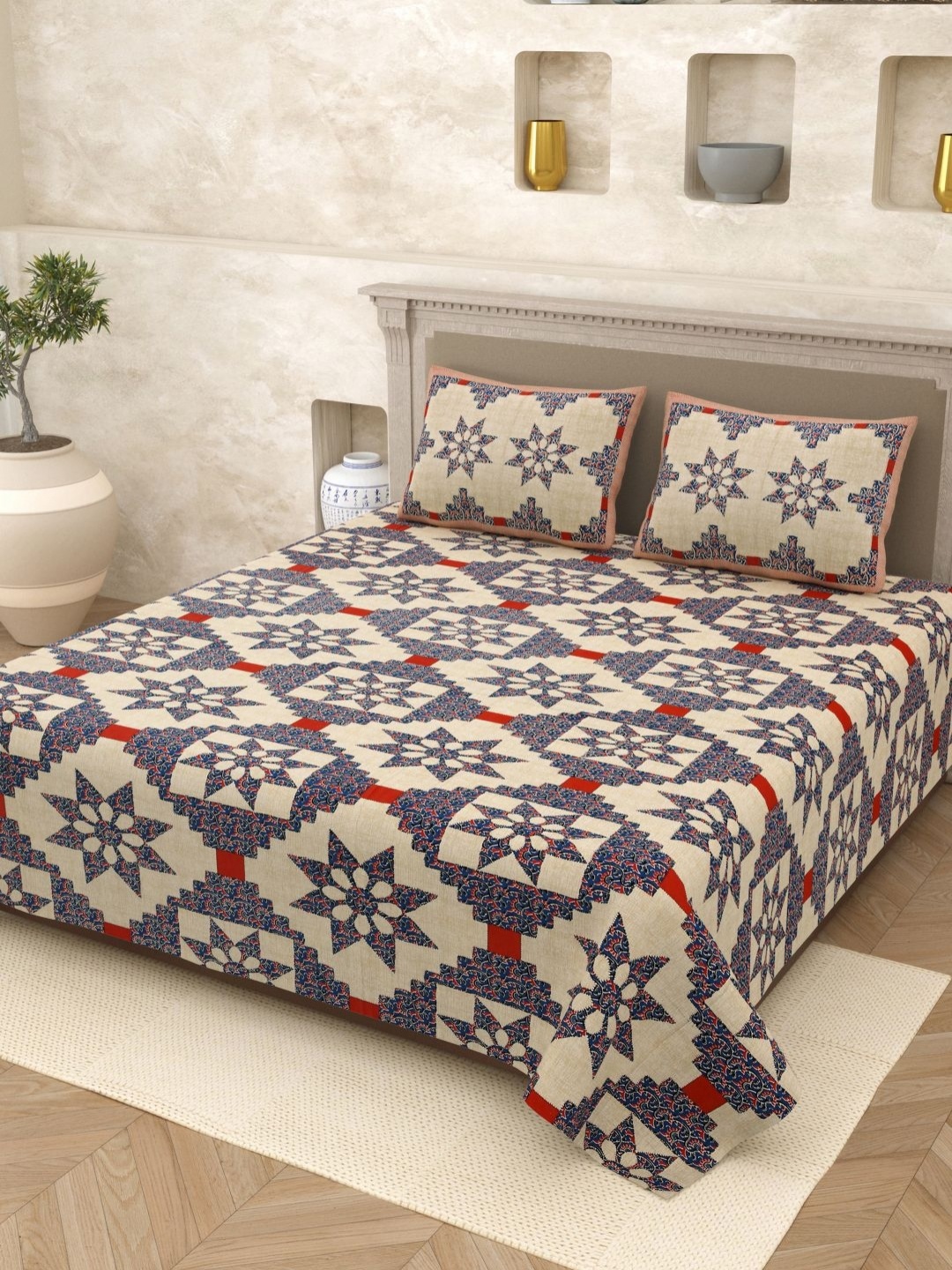 

Myntra Elegant Homes Opulent Blue Printed Pure Cotton 210 TC King Bedsheet Set2.70 x 2.50m, Beige