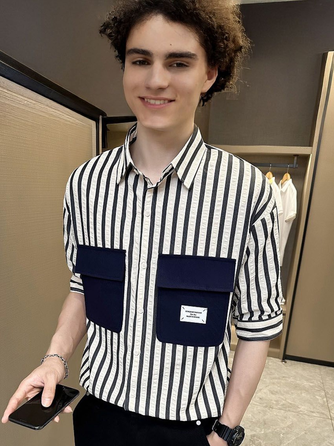 

StyleCast Men Spread Collar Vertical Striped Casual Shirt, White