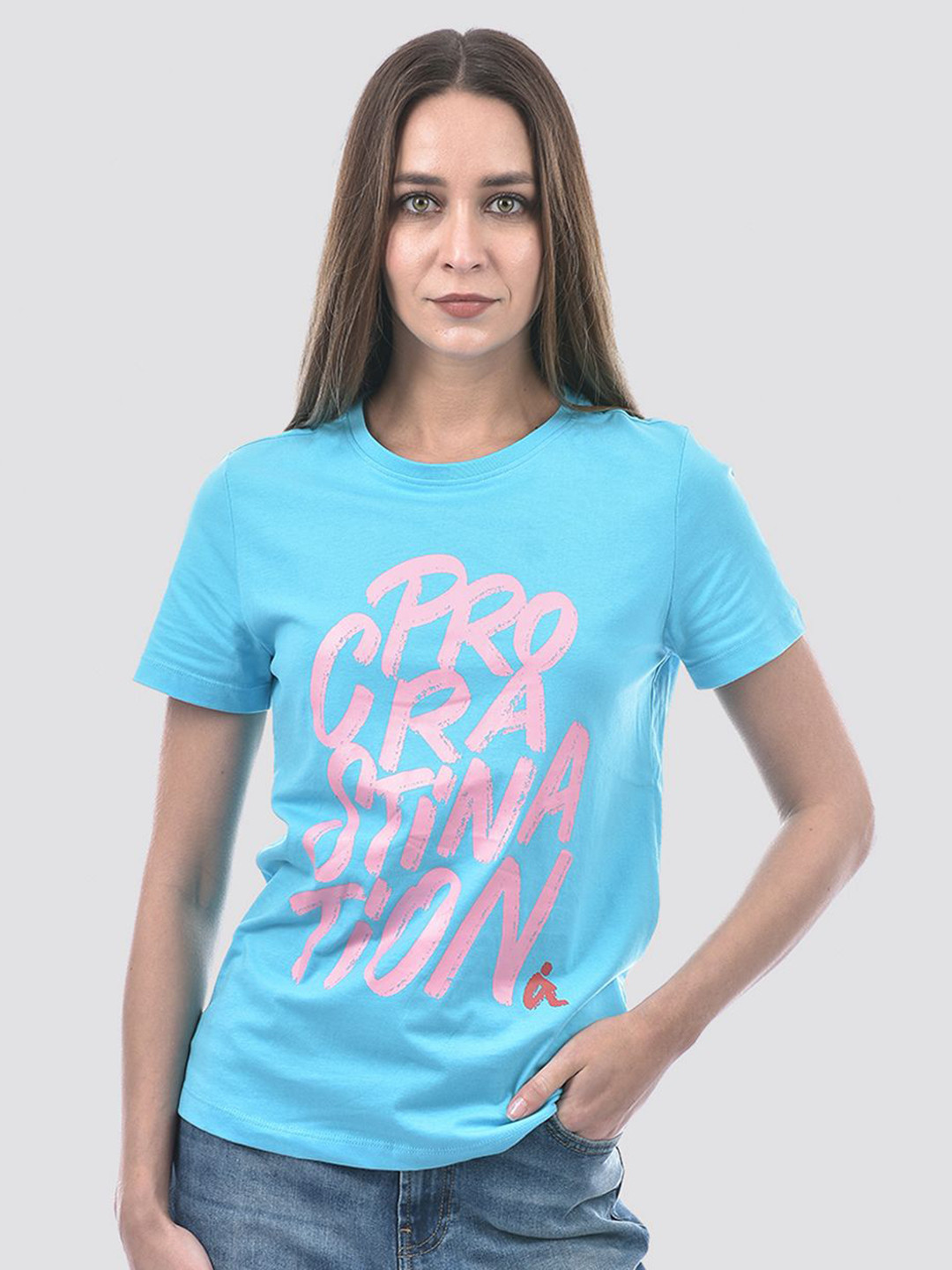 

ONLY Women Typography Printed Round Neck Cotton T-shirt, Turquoise blue