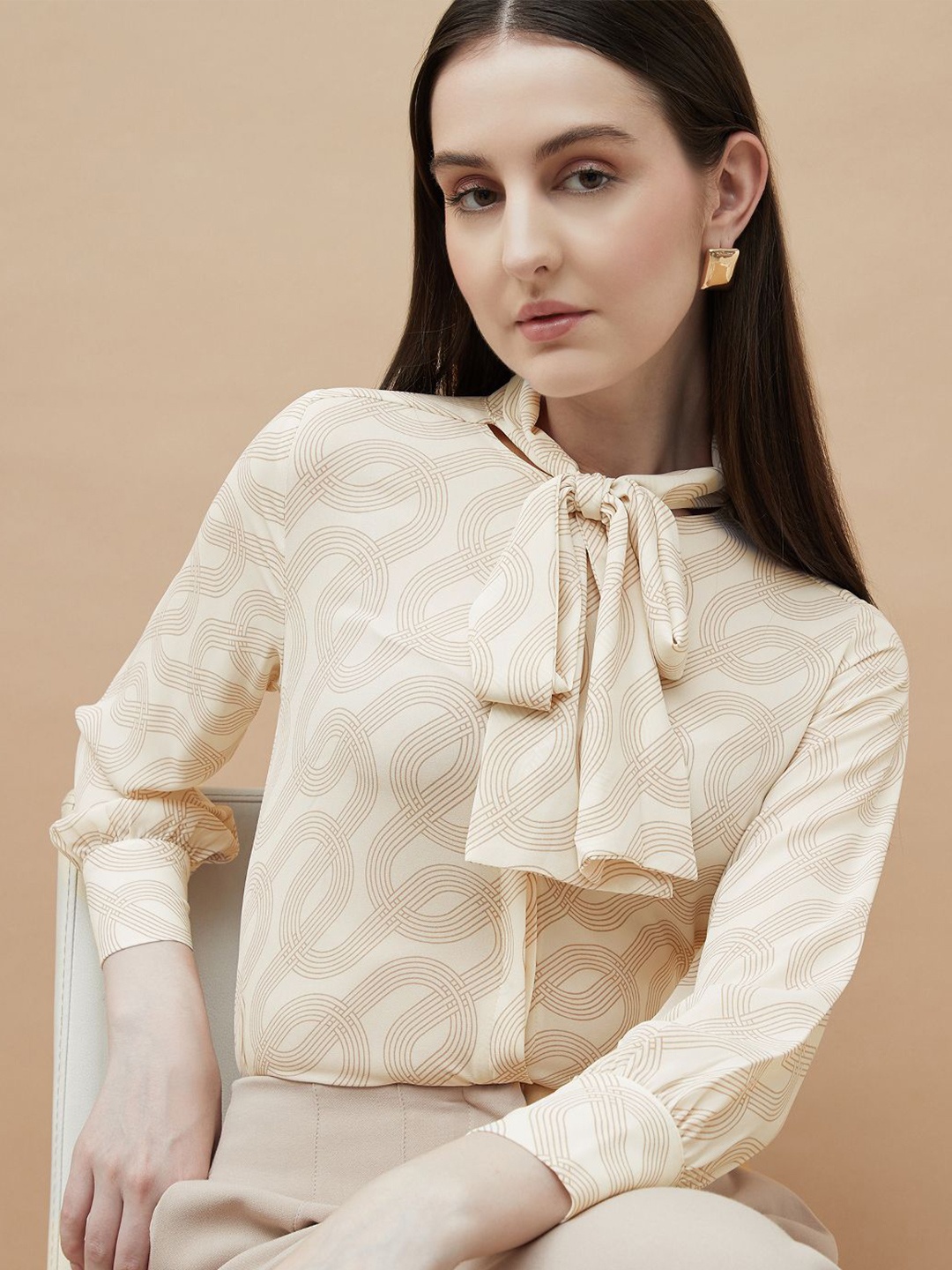 

CODE by Lifestyle Women Print Tie-Up Neck Top, Beige