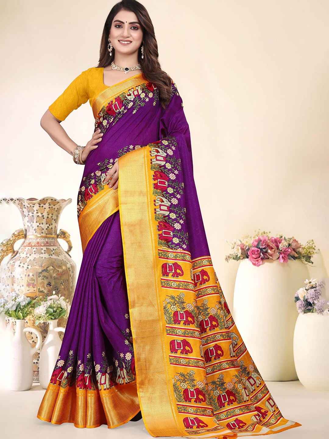 

MAGNEITTA Floral Printed Woven Design Zari Saree, Purple