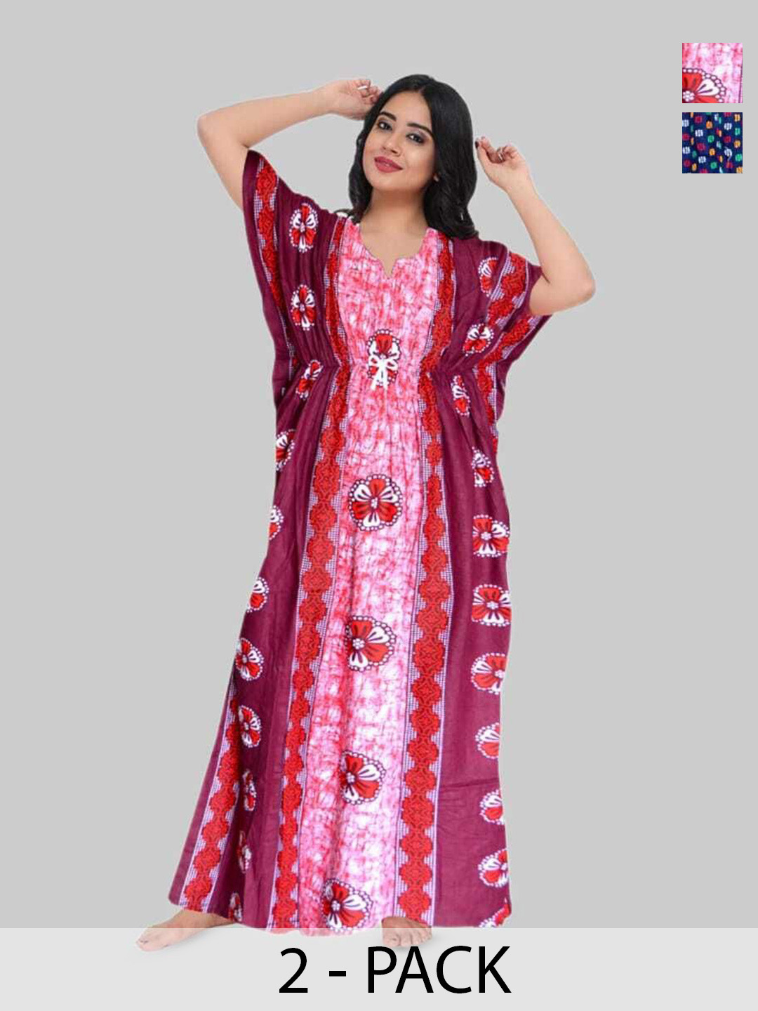 

PR PINK ROYAL Women Pack of 2 Printed Pure Cotton Kaftan Nightdress, Red