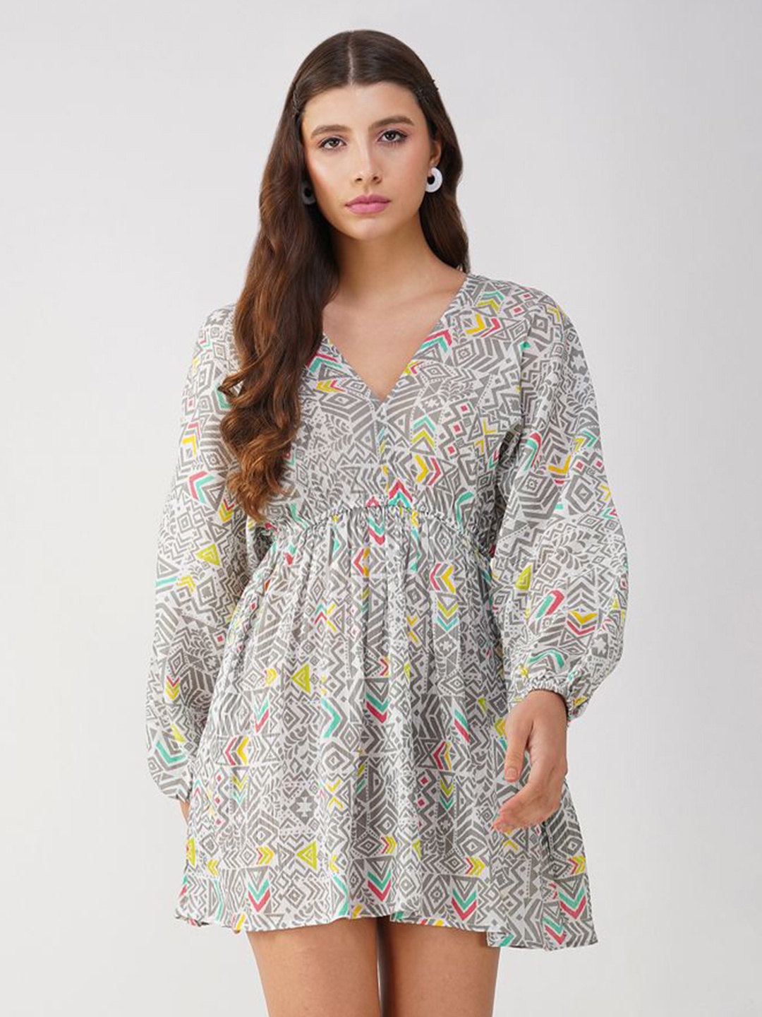 

HERE&NOW Women Puff Sleeves Mini Fit & Flare Dress, Grey